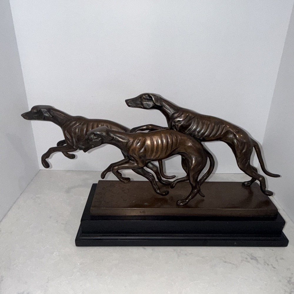 Bronze Sculpture 3 Wild Dogs Running Greyhound Dog Bronze Base Figurine Figure